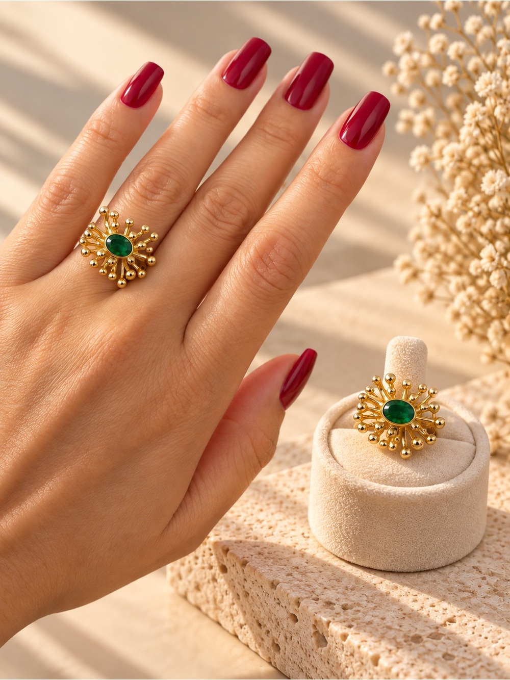 Gold Sunburst Ring with Green Oval Stone